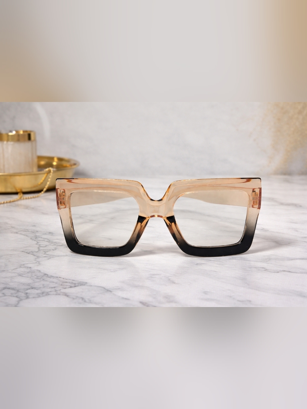 Oversized Square Gradient Eyeglasses – Peach to Black Fade – Statement Frames